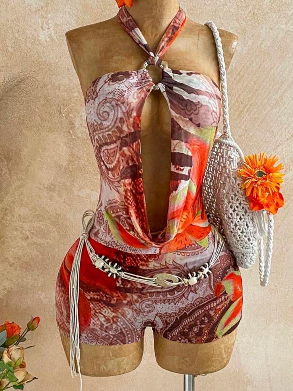 Tropical Halter Cutout Romper in Red & Orange Paisley